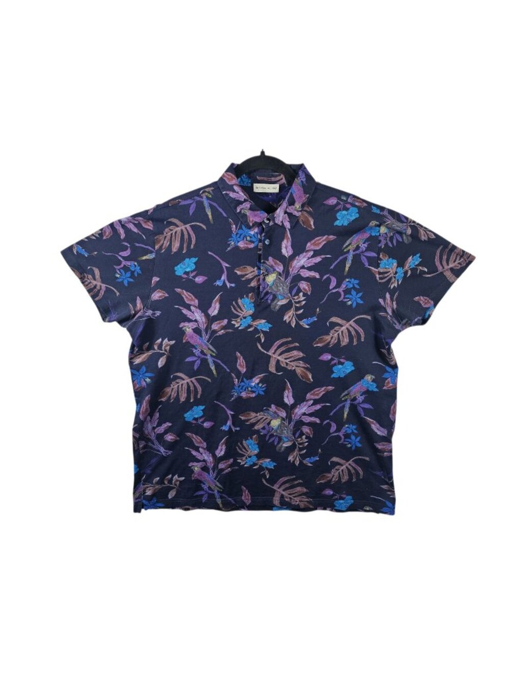 Etro Mens Navy Blue Floral Parrot Polo Shirt XL Cotton Piqué Italy Short Sleeve